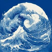 Blue Wave Japanese Style Illustration Ai Generative photo