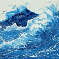 Blue Wave Japanese Style Illustration Ai Generative photo