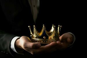 Businessman hand holding a gold crown. Generate ai photo