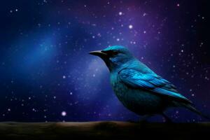 Blue bird on glowing stars sky background. Generate ai photo