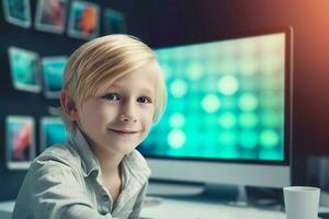 Blond Caucasian kid at screen computer. Generate ai photo