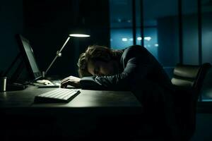 Anxious depressed CEO sleeping in office. Generate ai photo