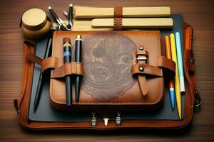 Leather case with items for drawing. Generate Ai photo