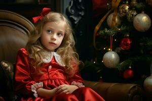 Little girl sitting near Christmas tree. Generate Ai photo