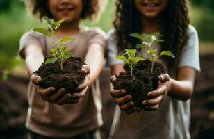 Kids holding soil and plants in hands. Generate Ai photo