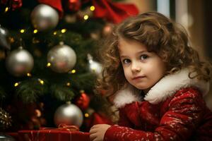 pequeño niña sentado cerca Navidad árbol tradicional día festivo. generar ai foto