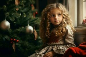 pequeño rubia niña sentado cerca Navidad árbol. generar ai foto