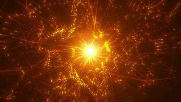 Abstract space scene with animation of glowing particles emitting rays of light, bright golden particles moving, tunnel into space, seamless loop video