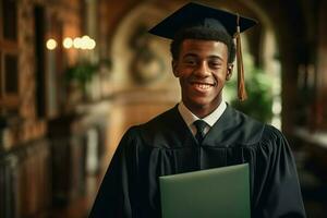 contento negro americano estudiante en túnica con diploma. generar ai foto