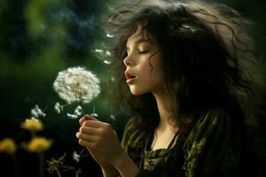 Cute female girl blowing dandelion. Generate Ai photo