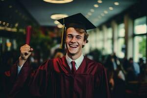 contento joven estudiante en túnica con diploma. generar ai foto