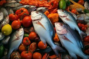 Fresco captura de pescado y otro fruto de mar. generar ai foto