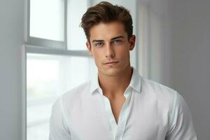 Handsome young man on light window background. Generate Ai photo