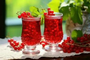 Fresh red currants in glasses on wooden table. Generate Ai photo
