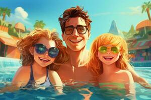 contento familia nadando en agua parque piscina ilustración. generar ai foto