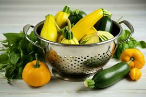 Fresh squashes and zucchini in stainless colander. Generate Ai photo