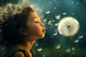 Girl blowing dandelion nature plant. Generate Ai photo