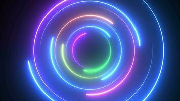 Abstract digital background with glowing neon lights, retro. Rotation of bright glowing circles or rings. Ultraviolet lamps. 4k video. Screensaver animation video