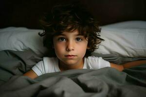 Cute little boy on bed at home bed. Generate Ai photo