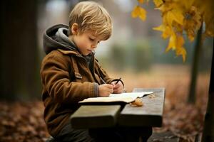 linda pequeño chico escritura en papel cuaderno. generar ai foto