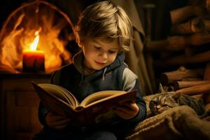 linda pequeño chico leyendo libro a hogar debajo ardiente vela. generar ai foto