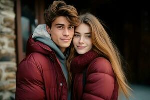 Cute young couple in warm clothes outdoors photo shot. Generate Ai