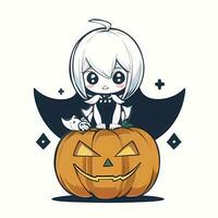 Cute Chibi Girl On Top of Pumpkin Halloween Sticker Cartoon Illustration Style photo