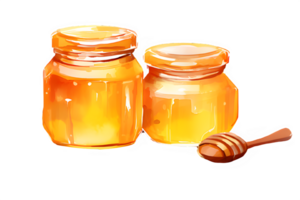 a watercolor honey jar with a lid and a bee on a transparent background. ai generative png