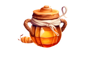 a watercolor honey jar with a lid and a bee on a transparent background. ai generative png