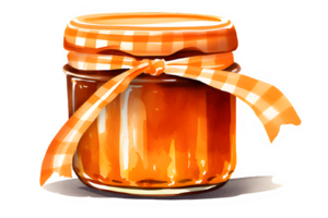 a watercolor honey jar with a lid and a bee on a transparent background. ai generative png