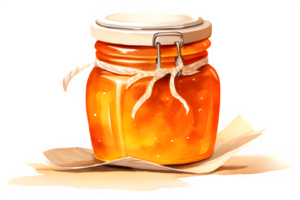 a watercolor honey jar with a lid and a bee on a transparent background. ai generative png