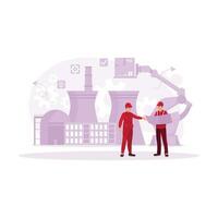 Two young engineers are standing in a heavy industrial manufacturing factory discussing a new project. Engineering concept. Trend Modern vector flat illustration