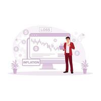 A businessman stand in front of the computer with closed eyes and asking for help because she is tired and has a lot of work. Frustrated concept. trend modern vector flat illustration