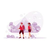 A young couple of travelers with backpacks on their backs climbs a mountain along a steep path. Family Travel and Adventure. Hiking Mountain concept. Trend Modern vector flat illustration