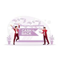 Two men are standing on laptops, building online businesses and making money rain from laptops. Cashback concept. trend modern vector flat illustration