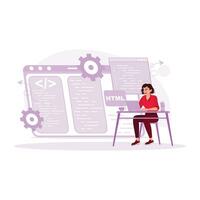 Female IT developer working on laptop programming software applications. Programmers concept. Trend Modern vector flat illustration