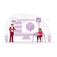 Female engineer working on personal laptop designing 3D machine model. Works at Start UP company. Engineering concept. Trend Modern vector flat illustration