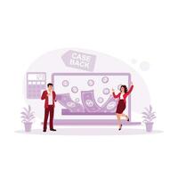 The woman is jumping, and the man is holding a laptop. Got a refund from the laptop screen. Cashback concept. trend modern vector flat illustration