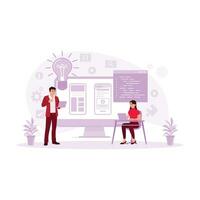 Female UX Architect Discussing with Male Design Engineer for a new work project. Employees Working concept. Trend Modern vector flat illustration