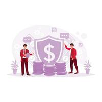 The banker explains an insurance policy to the client at work. Financial advisor concept. Customer Support concept. Trend Modern vector flat illustration