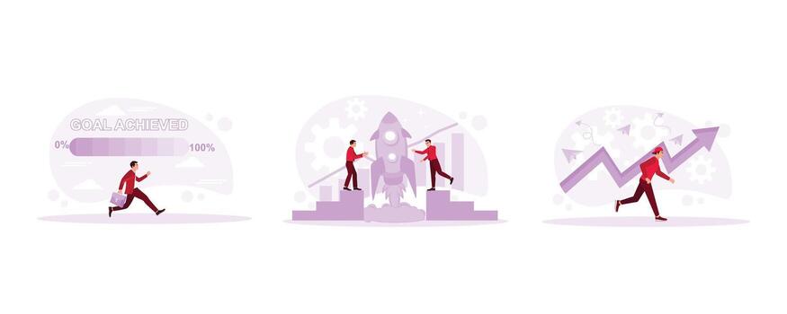 Achieved progress loading bar. Two businessmen are flying a rocket. Man running towards goal. In Progress concept. set trend modern vector flat illustration