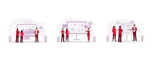 Analyze the growth graph. We are presenting interface design. Hold meetings with colleagues. Presentation concept. set trend modern vector flat illustration