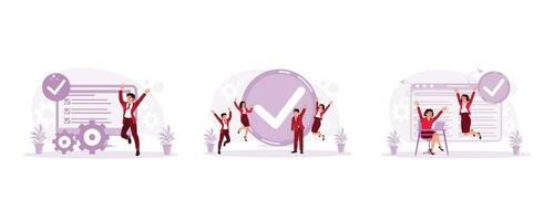 Celebrate the success of work projects. Business team jumping. Solid work team. I did the Job concept. set trend modern vector flat illustration