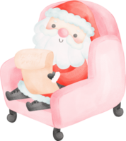 mignonne Père Noël claus sur confortable canapé dessin animé aquarelle png