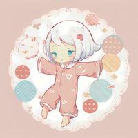 Cute Kawaii Chibi Anime Girl Sticker Wearing Pajama Simple Colorful Background photo