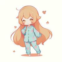 Cute Kawaii Chibi Anime Girl Sticker Wearing Pajama Simple Colorful Background photo