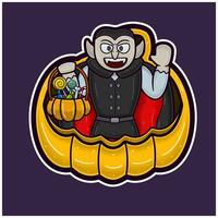 drácula en grande calabaza dibujos animados. Víspera de Todos los Santos pegatina logo. vector