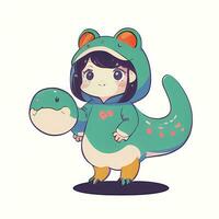 Cute Kawaii Chibi Anime Girl Sticker Cute Animal Suit Pajama Simple Colorful Background photo