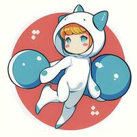 Cute Kawaii Chibi Anime Girl Sticker Cute Animal Suit Pajama Simple Colorful Background photo