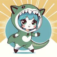 Cute Kawaii Chibi Anime Girl Sticker Cute Animal Suit Pajama Simple Colorful Background photo